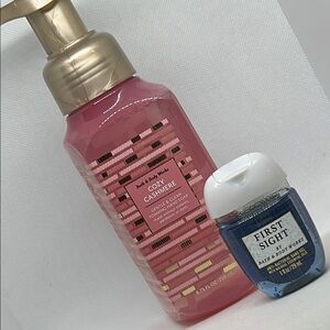 Bath & Body Works Cozy Cashmere Pink Soap and First Sight Blue Sanitizer